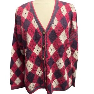 Vtg 90s Cardigan Bay Intarsia Argyle Red Cardigan Sweater XL Heritage Grunge